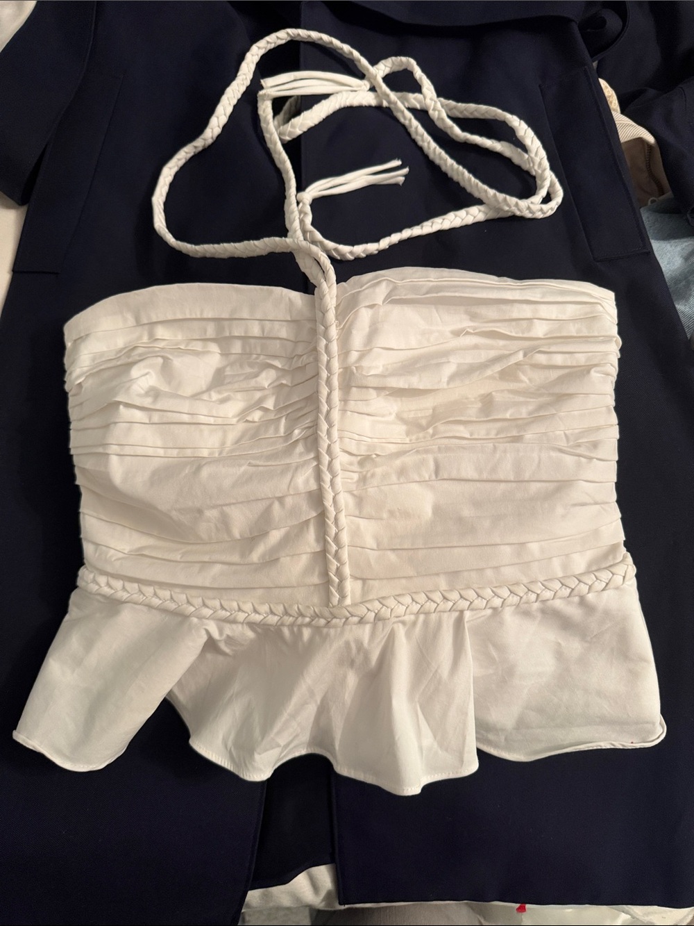 Veronica Beard White Strapless Peplum Camisole with Braided Trim